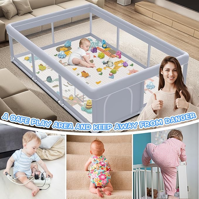XVISHX Baby Playpen with Mat, 74 x 50 Inch Playpen for Babies and Toddlers, Baby Playard for Indoor & Outdoor Active Center Game Fence, with Skin-Friendly Fabric and Soft Breathable Mesh, Grey