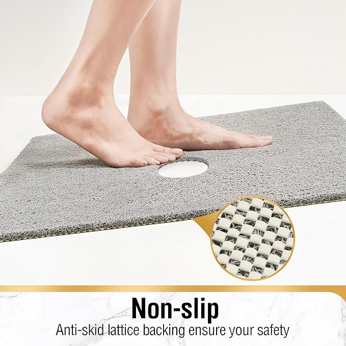 HITSLAM Square Shower Mat, 47 x 40 Inch Non Slip Bath Mat for Tub, Soft PVC Loofah Bathtub Mats with Drain Holes, Quick Drying Bathroom Stall Floor Mat, Bathroom Accessories Without Suction Cup, Grey