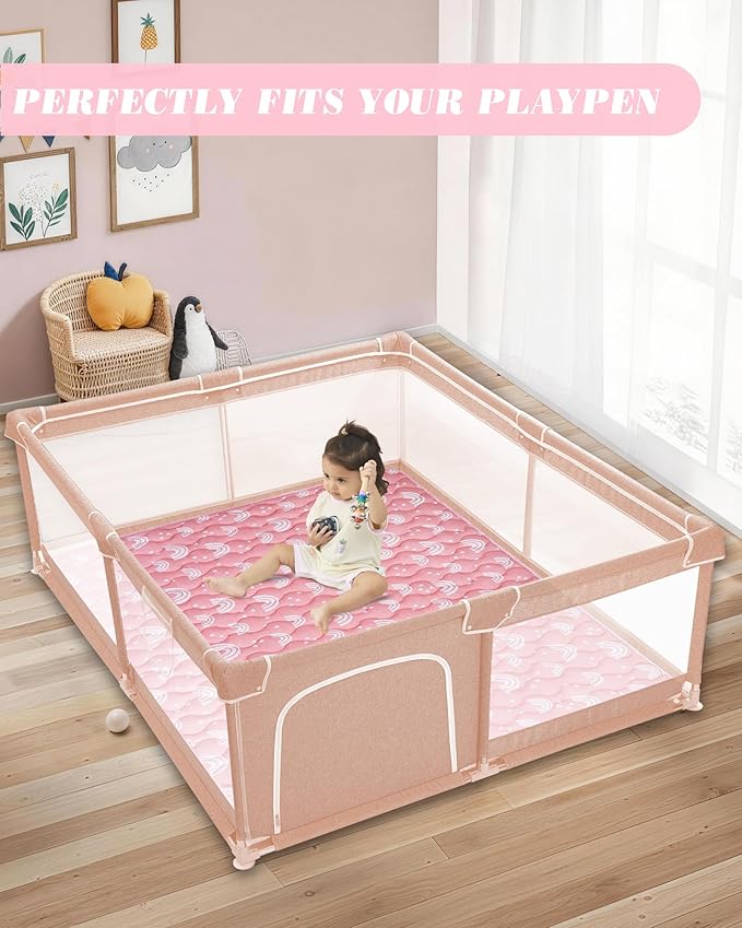 Viviland Baby Mats for Floor, 50x50 Inch Playpen Mat, Thick Cushioning Padding Playmat for Baby and Toddlers Infants, Non-Slip & Machine Washable, Pink Rainbow