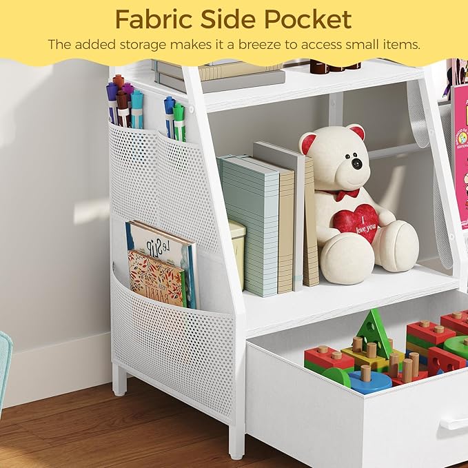 MAHANCRIS Kids Bookshelf and Toy Storage,3-Tier Sling Bookcase for Kids,Sturdy Toddler Bookshelf for Nursery,Playroom, Bedroom,White KBWT8401