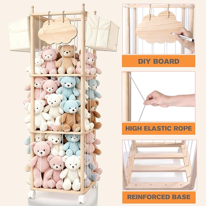 M MEEPO Stuffed Animal Storage & Organizer, with 2-Piece Large Detachable Toy Storage Bags, Wooden Tall Zoo Toys Storage with Wheels for Kids Playroom Kidroom Bedroom, Easy Assemble, 53 Inch