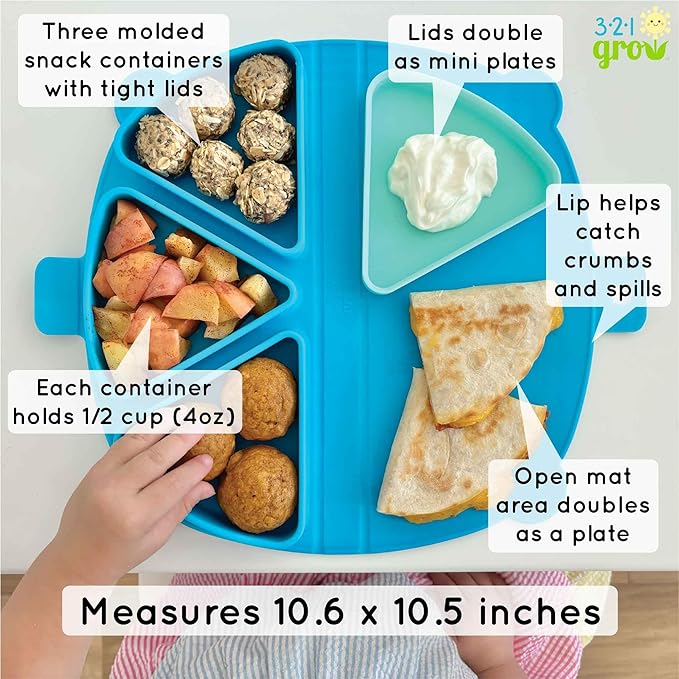 Silicone On-The-Go Snack Mat – Foldable Reusable Placemat with 3 Compartments and Lids – Travel-Friendly Baby and Toddler Snack Plate – Dishwasher Safe (Cotton Candy)