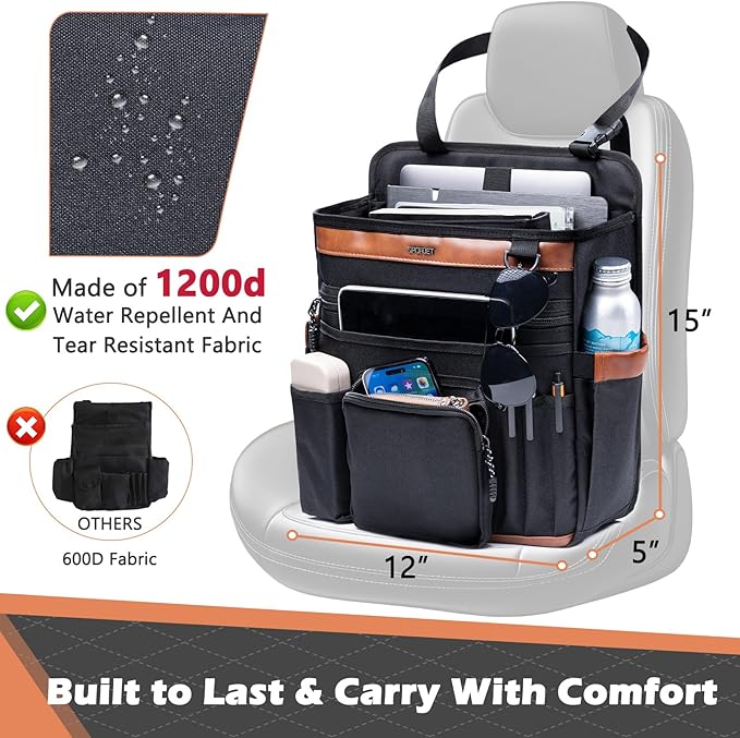 SPORJET Car Seat Organizer with Laptop Compartment (Fits 15.6"), Front & Backseat Passenger Organizer with Adjustable Strap, Multiple Pockets, Portable Office Bag, Water-Resistant 1200D Polyester