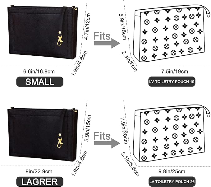 Soyizom Toiletry Pouch - 26cm Bag Organizer Insert, Felt Purse Organizer Insert for Ladies Tote Handbag Liner with Keychain & Gold Buckle & Zip (Large, Black)
