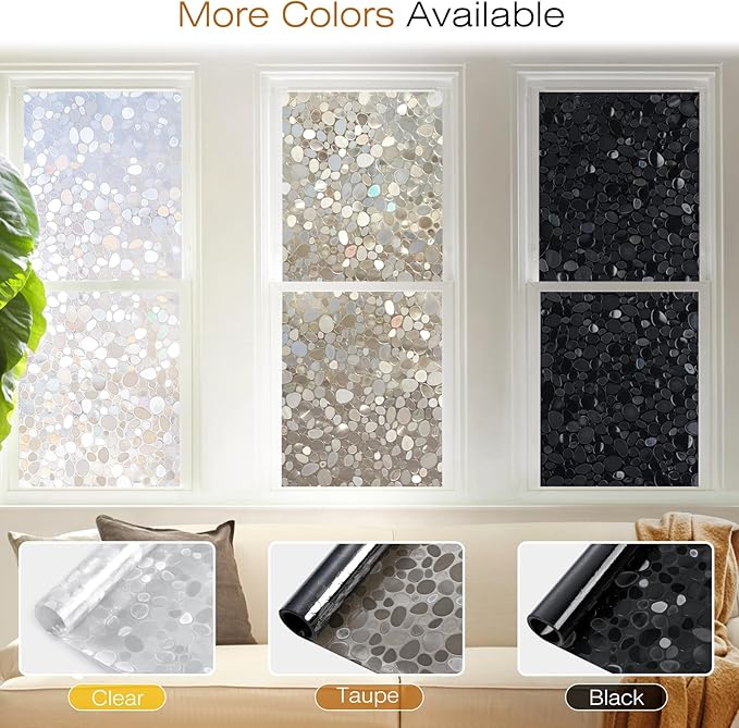 rabbitgoo Window Privacy Film, Decorative Rainbow Window Clings for Glass Covering, Static Cling Non Adhesive Door Stickers UV Blocking, Stained Glass Vinyl Decal, 3D Pebble, 35.4 x 78.7 inches