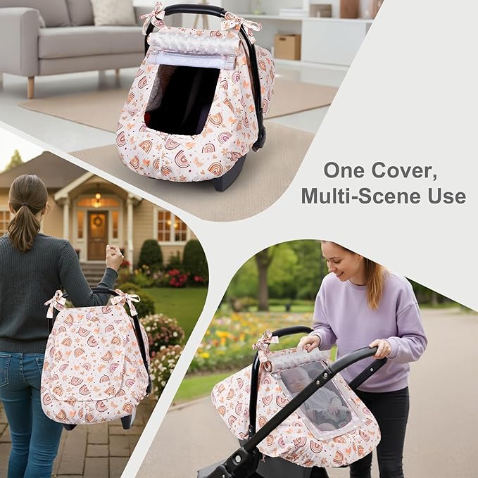 FIOBEE Baby Car Seat Cover, Car Seat Covers for Babies Infant Car Seat Canopy with Breathable Mesh Window Waterproof Carseat Cover for Babies Boy Girl 4 Seasons, Brown Rainbow