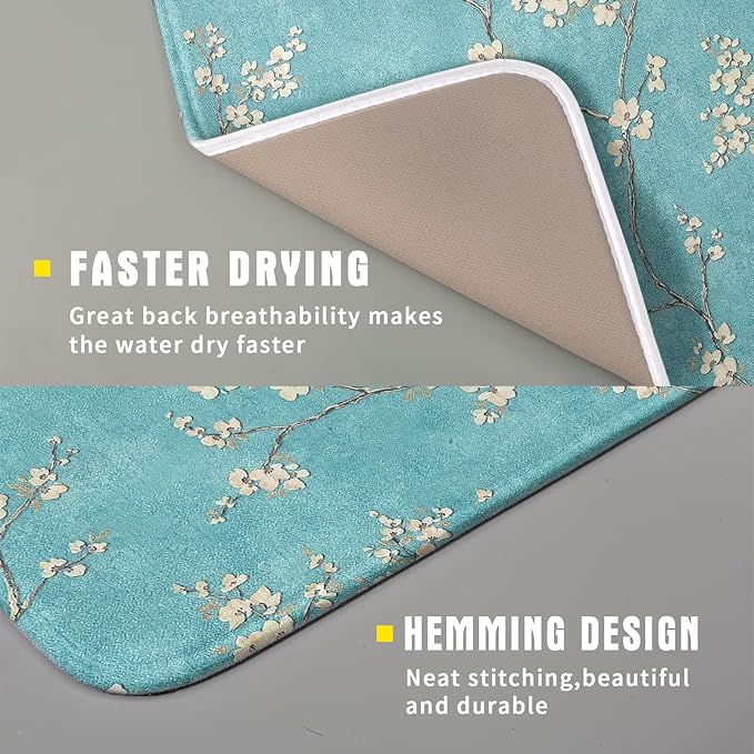Teal Turquoise Dish Drying Mat for Kitchen Counter Spring Floral Drying Mat 16 x 18 Inch with Absorbent Reversible Microfiber Dish Drying Pad Dish Rack Drainer Mat for Coffee Bar