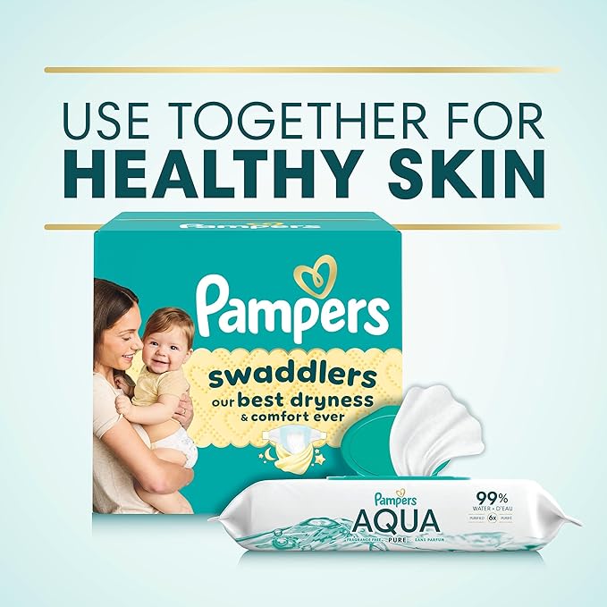 Pampers Aqua Pure Baby Wipes, 99% Water, Fragrance Free, Unscented, Water Based, Multi-Use, 336 Wipes Total (6X Flip-Top Packs) [Packaging May Vary]