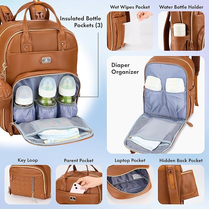 Dikaslon Leather Diaper Bag Backpack with Portable Changing Pad, Pacifier Case and Stroller Straps, Large Unisex Baby Bags for Boys Girls, Multipurpose Travel Back Pack for Moms Dads, Dark Brown