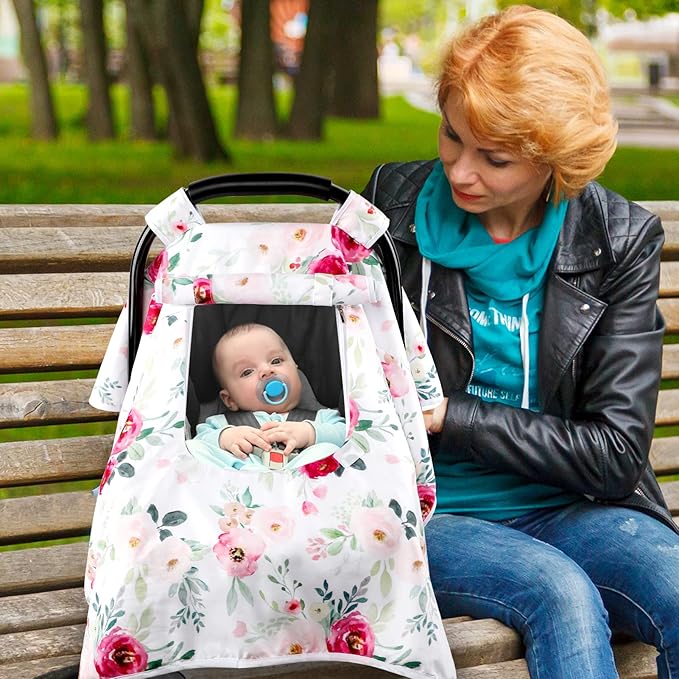 Car Seat Covers for Babies Girl, Winter Carseat Seat Cover for Newborns, Carseat Canopy Cozy & Warm Cover, Carrier Cover with Peep Windows, Pink Flower Rose