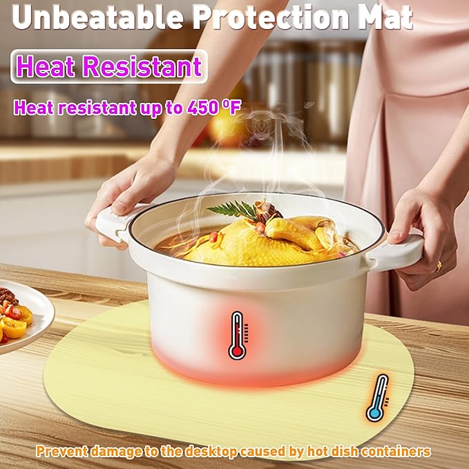 Oval Silicone Placemats Set of 4, Heat Resistant Non-Slip Waterproof Table Mats, Ultra-Thin Translucent Easy Clean Dining Mats for Home & Kids, 17"x12", Yellow