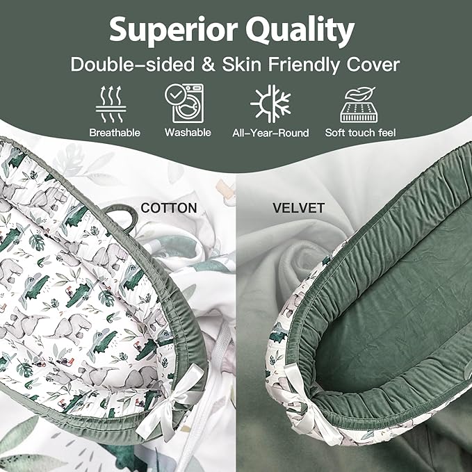 Baby Lounger-Breathable and Soft Organic 100% Cotton, Portable Infant Lounger with Removable Lounger Cover, Baby Nest Lounger for Newborn - Green Zoo