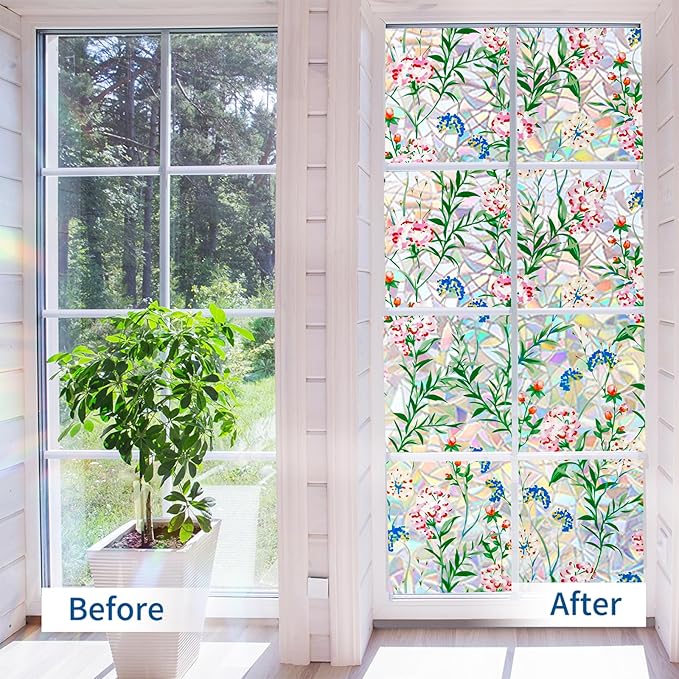 Niviy Stained Glass Window Film with Installation Tools, Heat Blocking Rainbow Window Film for Glass Doors, 3D Floral Decorative Static Cling for Home, Bathroom, Glass Door 11.8 x 78.7 inch