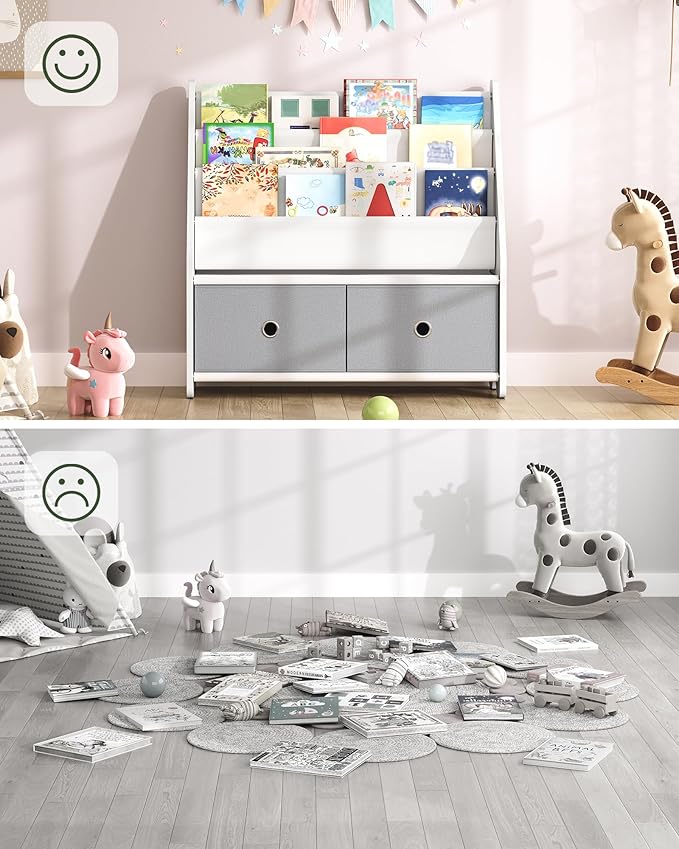 CHOEZON Kids Bookshelf and Toy Storage, 4 Tier Large Capacity Kids Book Rack, Sling Kid Bookcase, for Kids Room, Nursery, Playroom, White and Gray MCW06WT