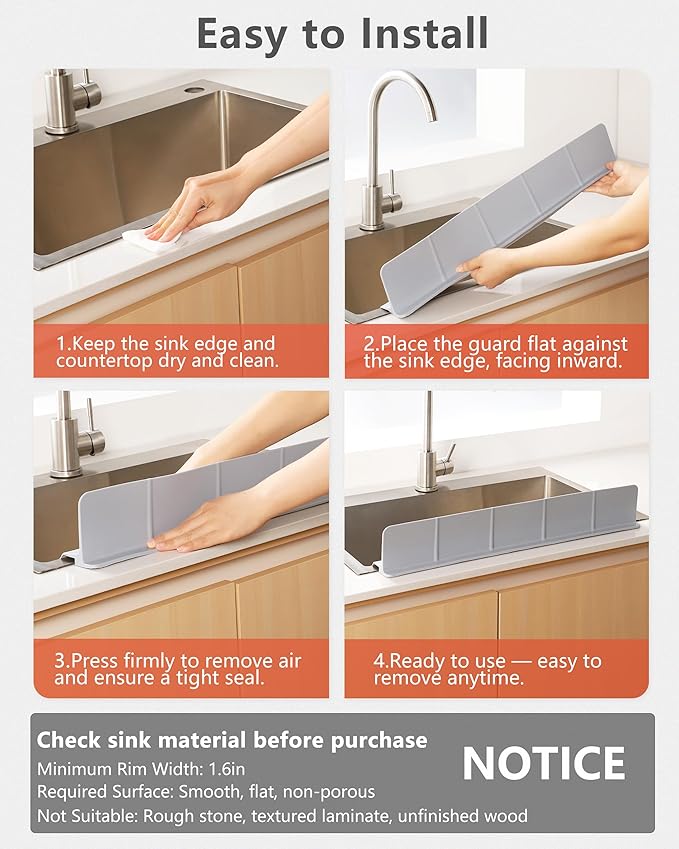 Kitchen Sink Splash Guard 18" Self-Draining Silicone Water Guard with High Splash Wall & Strong Suction Cups for Faucet, Countertop & Sink Edge, Keeps Sinks Dry, Dishwasher Safe, Gray