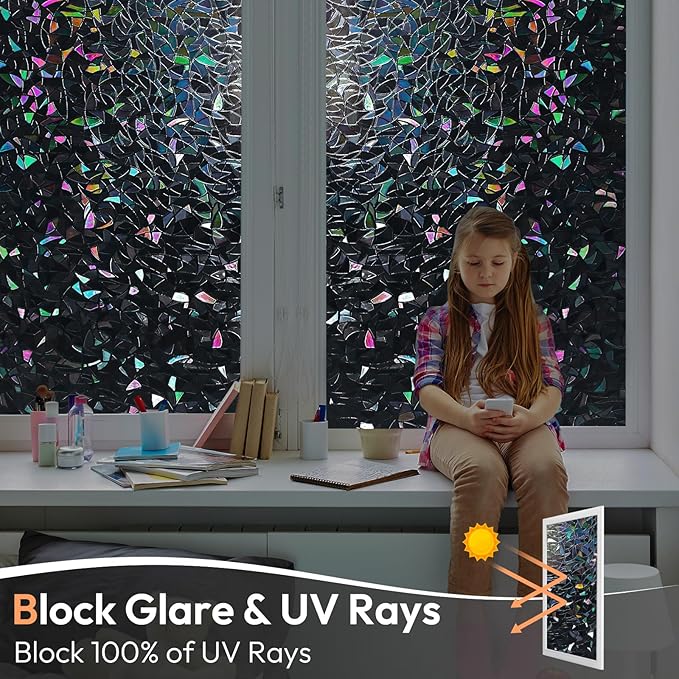 Haton Blackout Window Film, Black Out Window Cover, Stained Glass Sun Light Blocking Privacy Tint Shades for Home Room Darkening Dark Day Sleep Heat Control, Non-Adhesive, Black 23.6" x 78.7"