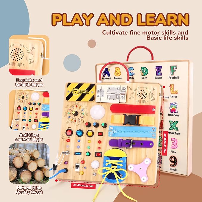 Sumsoltic Busy Board,Montessori Toys for 1-3 Year Old Boys & Girls,Travel Educational Learning Activities for Toddlers,Sensory Toy for Kids with Autism (Busy Board v3)