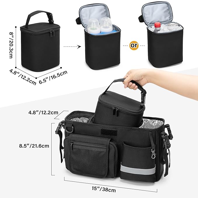 Parent Console Stroller Organizer Compatible with WONDERFOLD W&X, 2 Insulated Cup Holders, A Removable Cooler Bag, Black, Patented Design