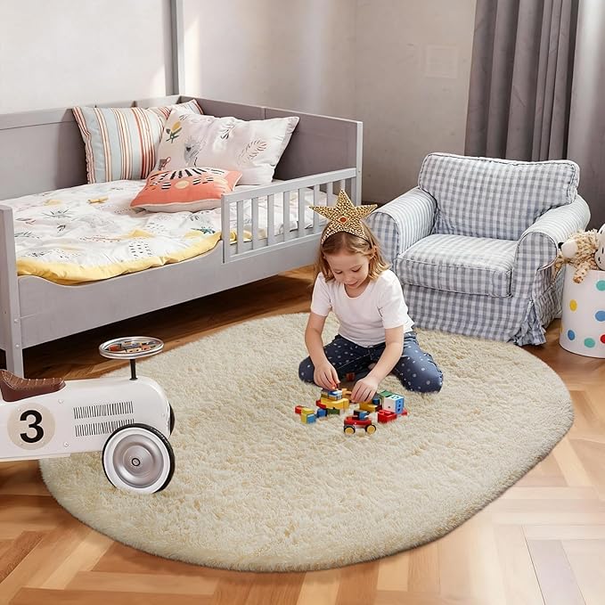Ophanie 4x6 Ivory Oval Rugs for Bedroom Living Room, Fluffy Fuzzy Furry Carpet, Plush Soft Shaggy Bedside Indoor Floor Area Rug for Kids Girls Boys Baby Teen Dorm Nursery Home Decor Aesthetic