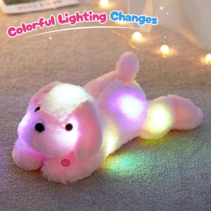 WEWILL 18'' Light up Pink Puppy Dog LED Stuffed Animal with Colorful Night Light Glow Soft Plush Toy Gifts for Kids on Christmas Birthday