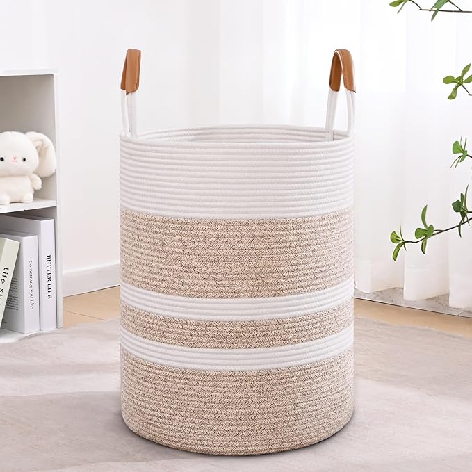 Degeyoyo 60L Striped Laundry Basket, Brown Laundry Hamper with Leather Handles, Woven Cotton Rope Storage Bin for Blankets, Nursery Hamper for Clothes, Toys In Bathroom, Livingroom, Bedroom