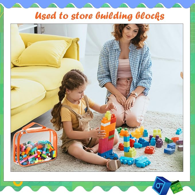 Sanwuta 3 Packs Toy Storage Bags with Zipper, Clear PVC Organizing Waterproof Toy Bags for Board Games, Building Blocks, and Kids Books(12.6 x 9 x 2.36 Inch,Red, Yellow, Orange)