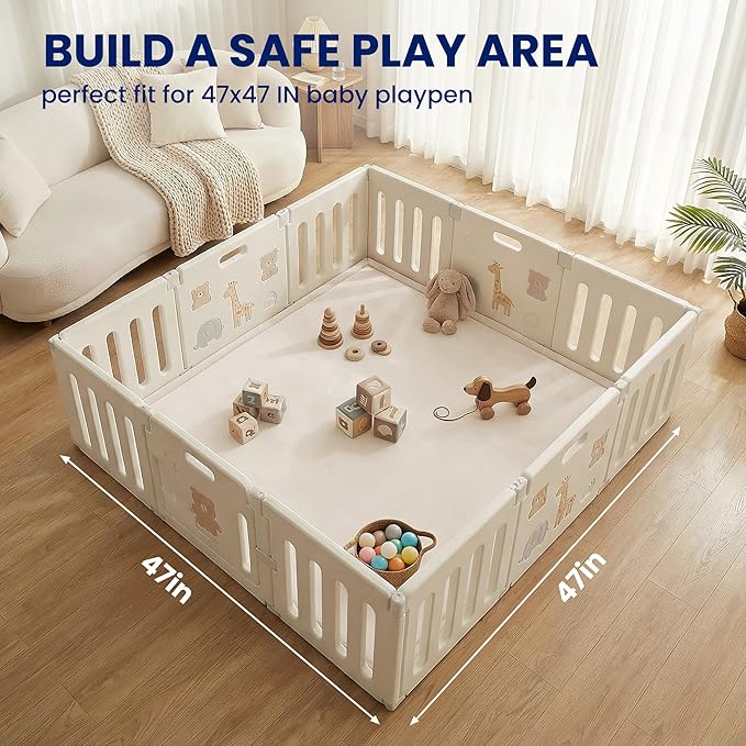 Huloo Sleep Ultra Soft Baby Play Mat for Floor,1.3" Thick Elasti-Foam 47x47 Play Mat for Playpen,Water-Repellent Coral Velvet for Tummy Time, Non-Slip Backing Safe for Toddlers & Infants（Beige）