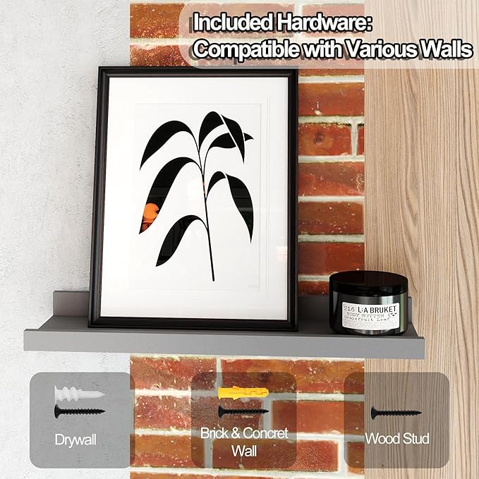 Floating Shelves for Wall Decor, Wall Mounted Wood Storage Shelf for Bedroom, Living Room, Bathroom, Kitchen, Nursery, Display Picture Ledge Shelf with Lip Set of 2-16 Inches, Grey