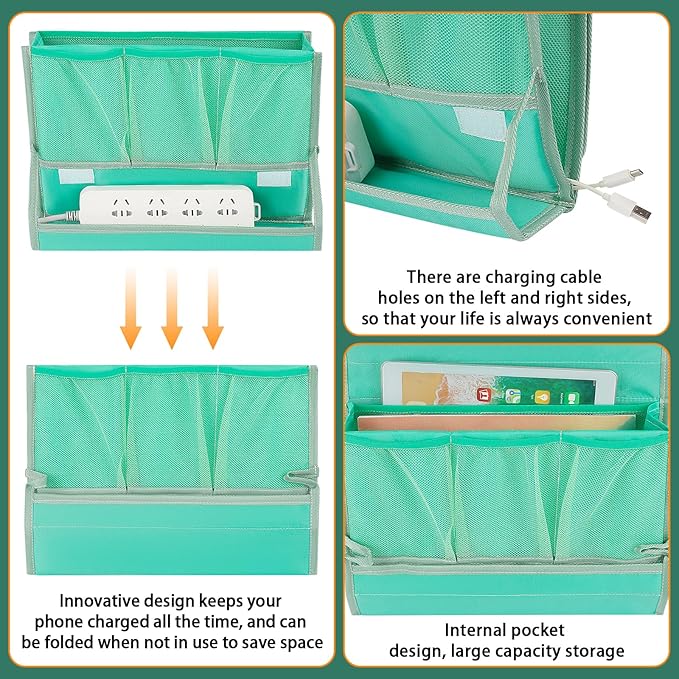 Retyion Bedside Caddy Bedside Storage Organizer Bedside Organizer with Power Strip Holder and 2 Adjustable Straps for Home Bunk Bed College Dorm Sofa (Green)