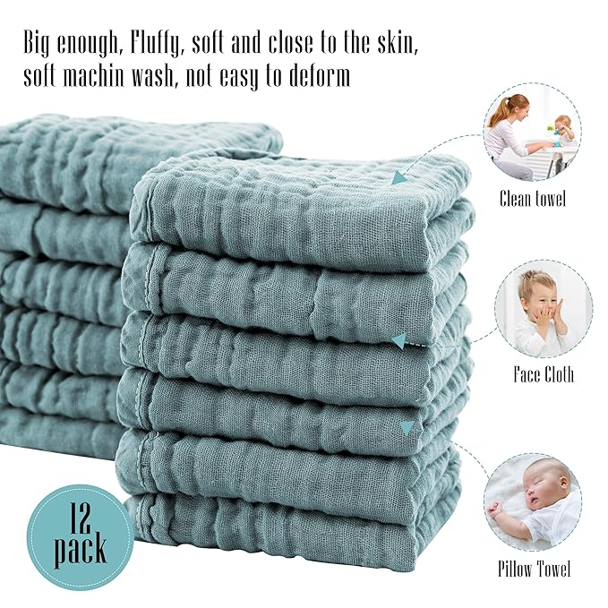 Cute Castle 24 Pack Muslin Burp Cloths for Baby - Ultra-Soft 100% Cotton Baby Washcloths - Large 20'' by 10'' Super Absorbent Milk Spit Up Rags - Burpy Cloths for Unisex, Boy, Girl -Dark Green