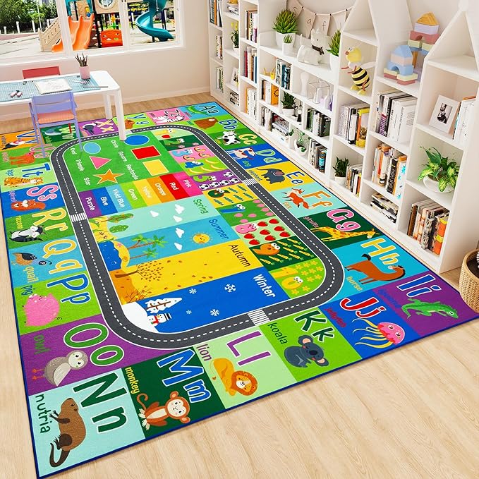 HOMORE Kids Educational Rug, 8x10 Kids Collection Area Rug for Learning Alphabet, Numbers, Colors, Season and Animal Words, Playmat for Classroom Playroom,Green