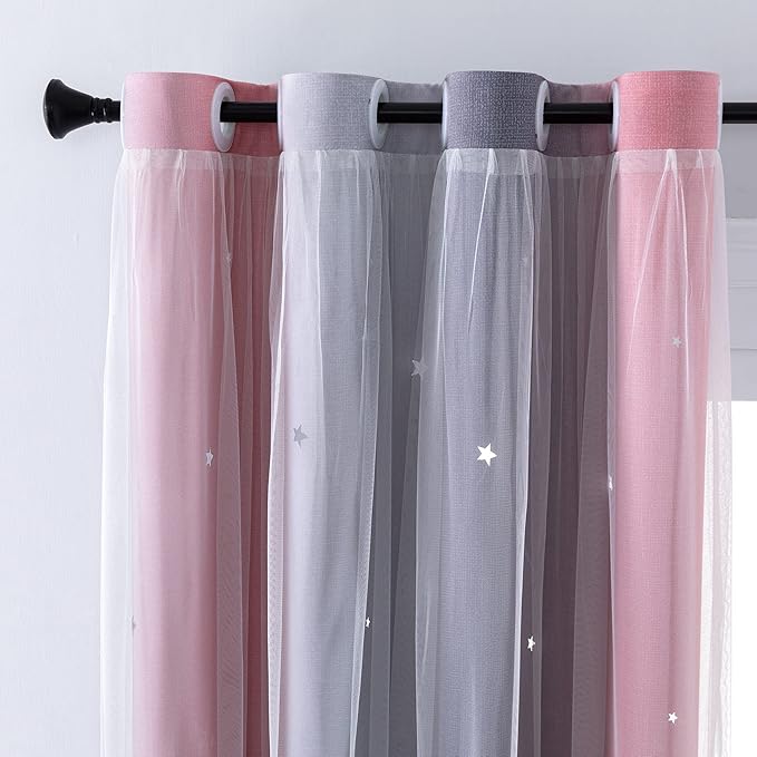 XiDi Curtains for Bedroom Decor, Rainbow Pink-Grey-34-96