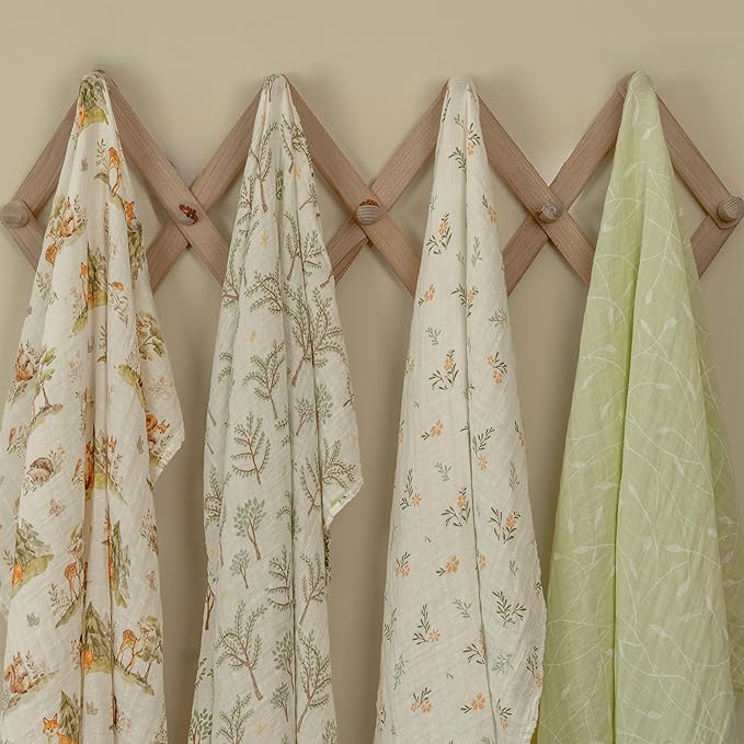 Muslin Swaddle Blankets for Newborn, 4 Pack Cotton Baby Blankets Neutral, Large 31.5 x 43.3 Breathable Soft Receiving Blanket, Essentials Swaddle Wrap Burping Clothes, Green Jungle Animal