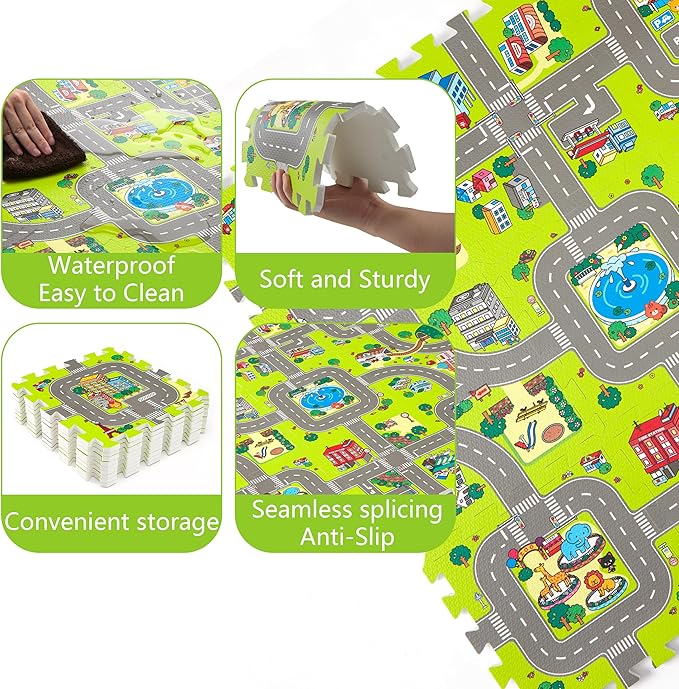 PLAY 10 Baby Play Mats for Floor, Foam Play Mat, Interlocking Foam Tiles City Road Track Puzzle Mat 9 Pieces