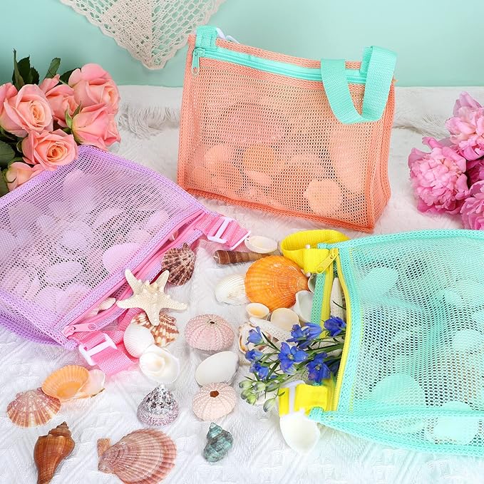 Tagitary Beach Toy Mesh Beach Bag Kids Shell Collecting Bag Beach Sand Toy Shells Beach Toys Swimming Accessories for Boys and Girls(Only Bags,A Set of 3)