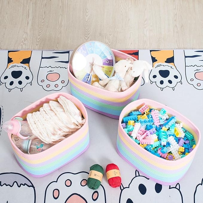 MINTWOOD Design 3-Pack Storage Baskets and Cube Bins for Shelves, Playroom and Classroom, Decorative Woven Closet Organizers for Books, Shoes, and Pantry Items, Pastel Rainbow