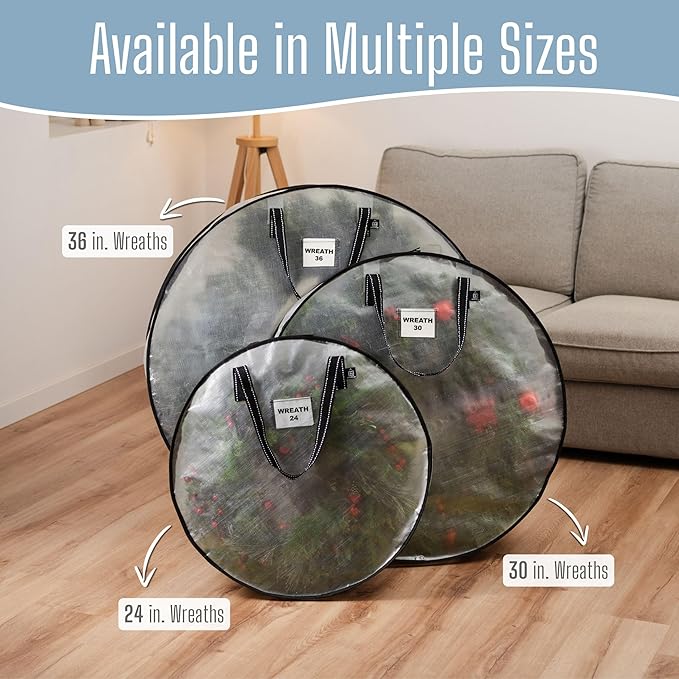 VENO 30 Inch Wreath Storage Container, 2 Pack Clear Round Christmas Wreath Storage Bag, Heavy Duty Clear Holder with Wall Hanging Handles