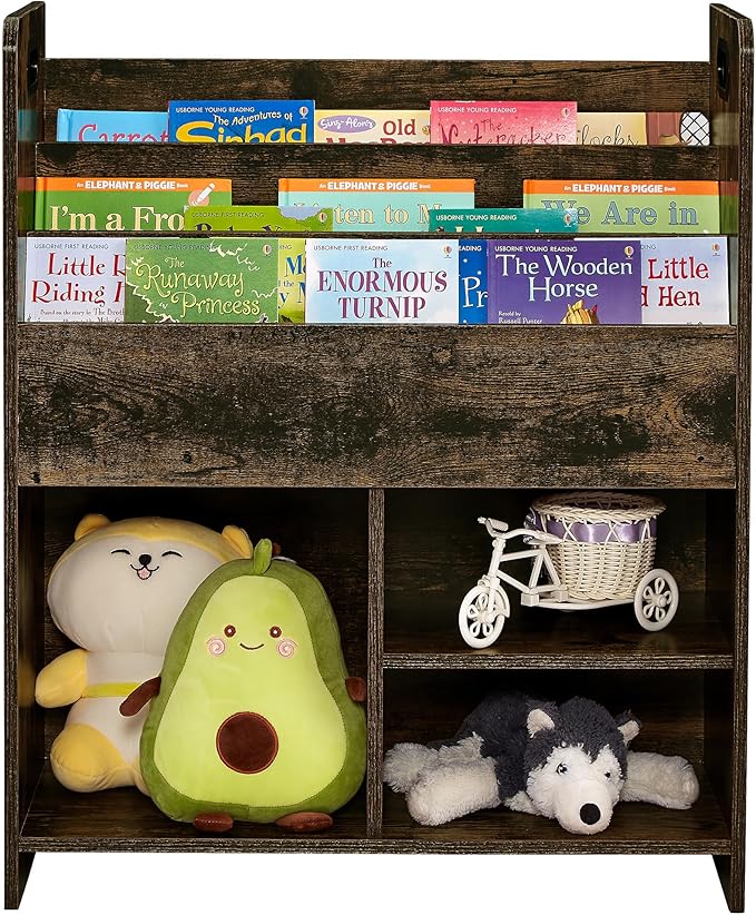 VECELO Kids Bookshelf with Toy Storage - Wooden Nursery Organizer for Books & Toys, Easy Assembly Playroom Shelf (Brown)