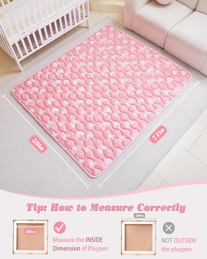 Viviland Baby Mats for Floor, 71x59 Inch Playpen Mat, Thicker & Large Soft Cushioning Padding Playmat for Baby and Toddlers Infants, Non-Slip & Machine Washable, Pink Rainbow