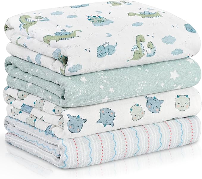 4-Pack Muslin Swaddle Blankets for Newborns | 100% Cotton Breathable Soft, Large 31.5"x43.3" | Multi-Use Stroller Sunshade Nursing Cover & Receiving Blanket, Blue Dinosaur