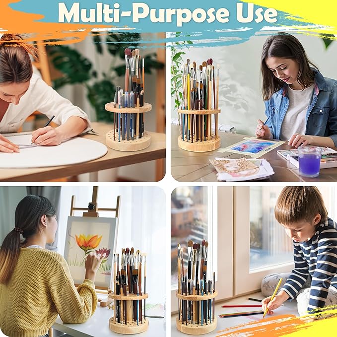 52 Holes Paint Brush Holder, 360° Rotating Paint Brush Organizer, Hardwood Storage Stand Rack for Artists Brushes, Crafts Tools, Makeup Brush, Calligraphy Pens