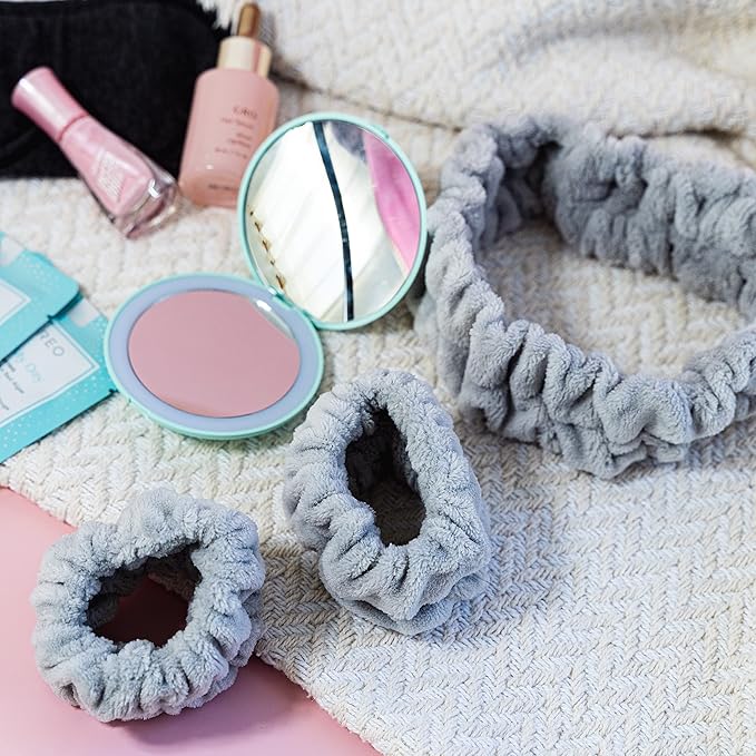 FROG SAC Spa Headband and Wristbands for Face Washing, Fuzzy Skincare Make Up Headbands Set for Women, Soft Puffy Makeup Skin Care Facewashing Hair Band Accessories for Girls (Gray)