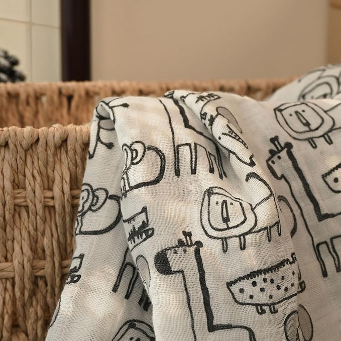 Muslin Swaddle Blankets for Newborn, 4 Pack Cotton Baby Blankets, Large 31.5 x 43.3 inch Breathable Soft Receiving Blanket, Essentials Swaddle Wrap Burping Clothes, Grey Animals