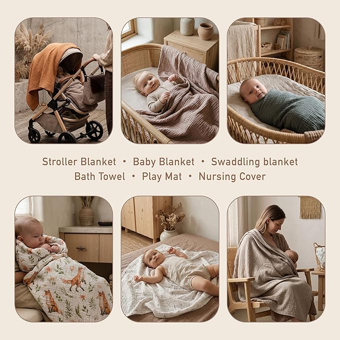 Muslin Swaddle Blankets for Newborn, 4 Pack Breathable Soft Receiving Blanket, Large 38 x 40 inches Swaddle Wrap Burping Clothes, Essentials Infant Shower Items, Toddler Gift (Forest Fox)