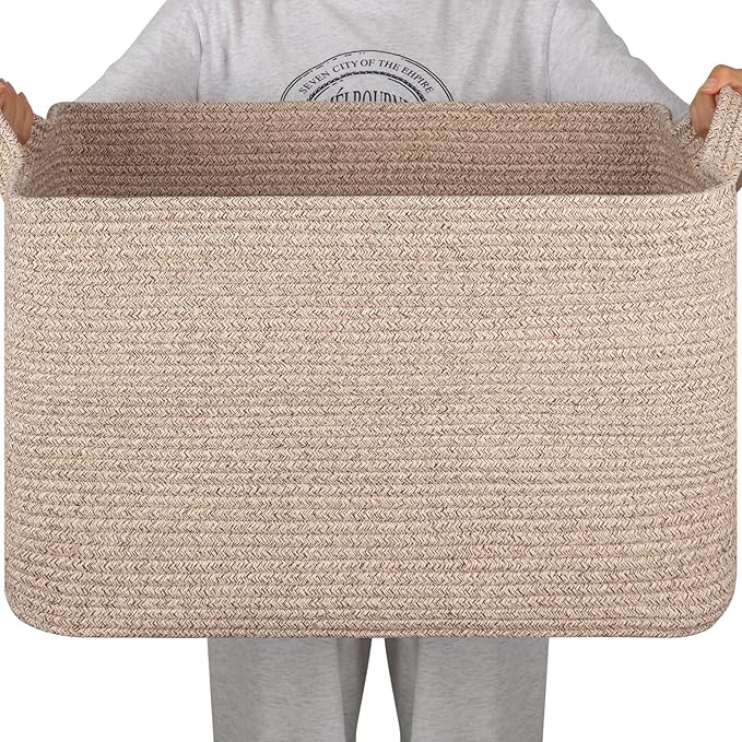 SIXDOVE 95L Large Storage Basket, Cotton Rope Woven Blanket Basket, Toy Storage for Baby Room, Living Room, 24" x 16.9" x 14.2", Brown
