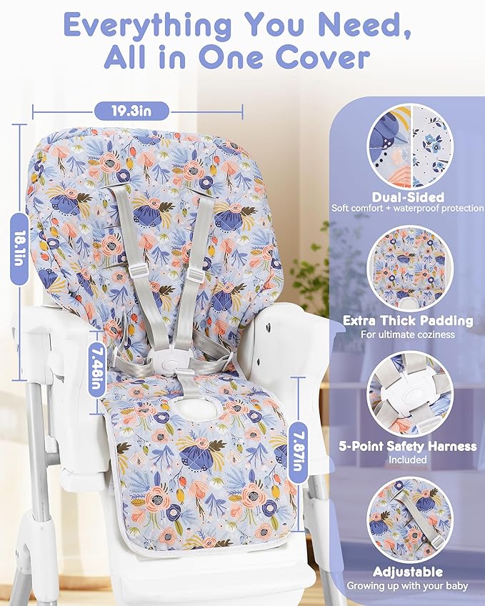 Baby High Chair Cover 2-in-1 Reversible, Includes 5-Point Harness Strap, Waterproof & Soft Side High Chair Pad Cushion, Machine Washable, Extra Thick Highchair Protector-Blue