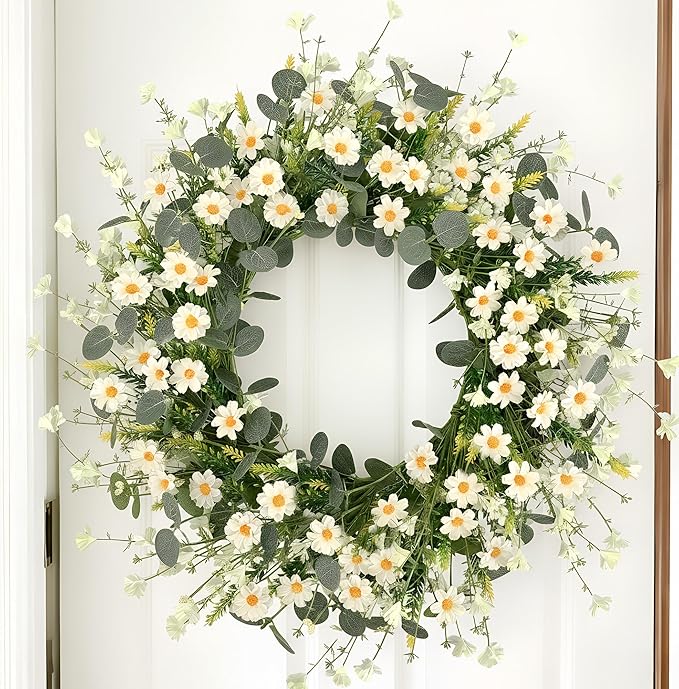 Pinkpum 22 Inch Artificial Daisy Flower Wreath with Eucalyptus Leave Silk Flower White Berries Spring Summer Wreath for Front Door Wall Decor