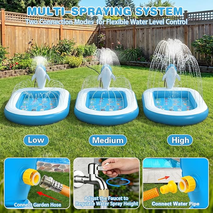 Splash Pads for Toddlers 1-3, Dolphin Toy Sprinkler for Kids, Outdoor Play Mat for Babies, 68" Backyard Inflatable Kiddie Pool, Splash Pad for Kids Ages 4-8, Birthday Gifts for 1 Year Old Boy Girl