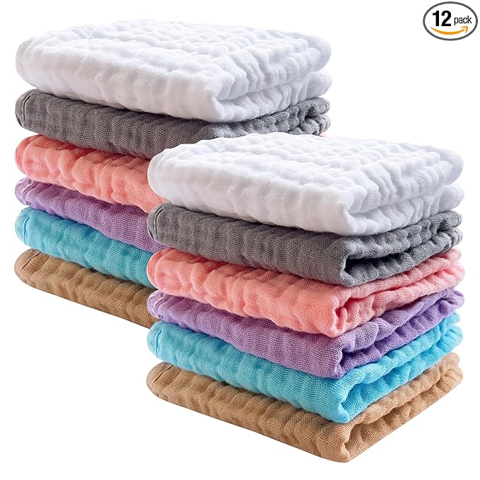 SWEET DOLPHIN 12 Pack Baby Muslin Washcloths - Soft Face Cloths for Newborn, Absorbent Bath Wash Cloths, Wipes, Burp Rag - Toddlers Essentials Stuff, Baby Registry as Shower -10"x10", Multicolor