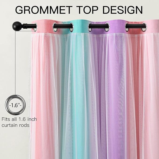 XiDi Double Layer Curtains for Nursery Girls Bedroom 84 Inches Long Full Blackout for Kids Princess Room Colorful Rainbow Design Unicorn Wall Decor Ombre Pink Purple Green Curtains W34 X L84 2 Panels